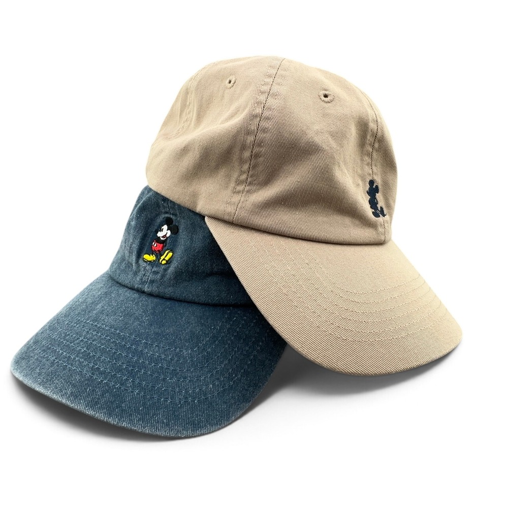 Lot of 2 Disney Parks Mickey Mouse Baseball Caps Adult Strapback Denim Khaki Set
